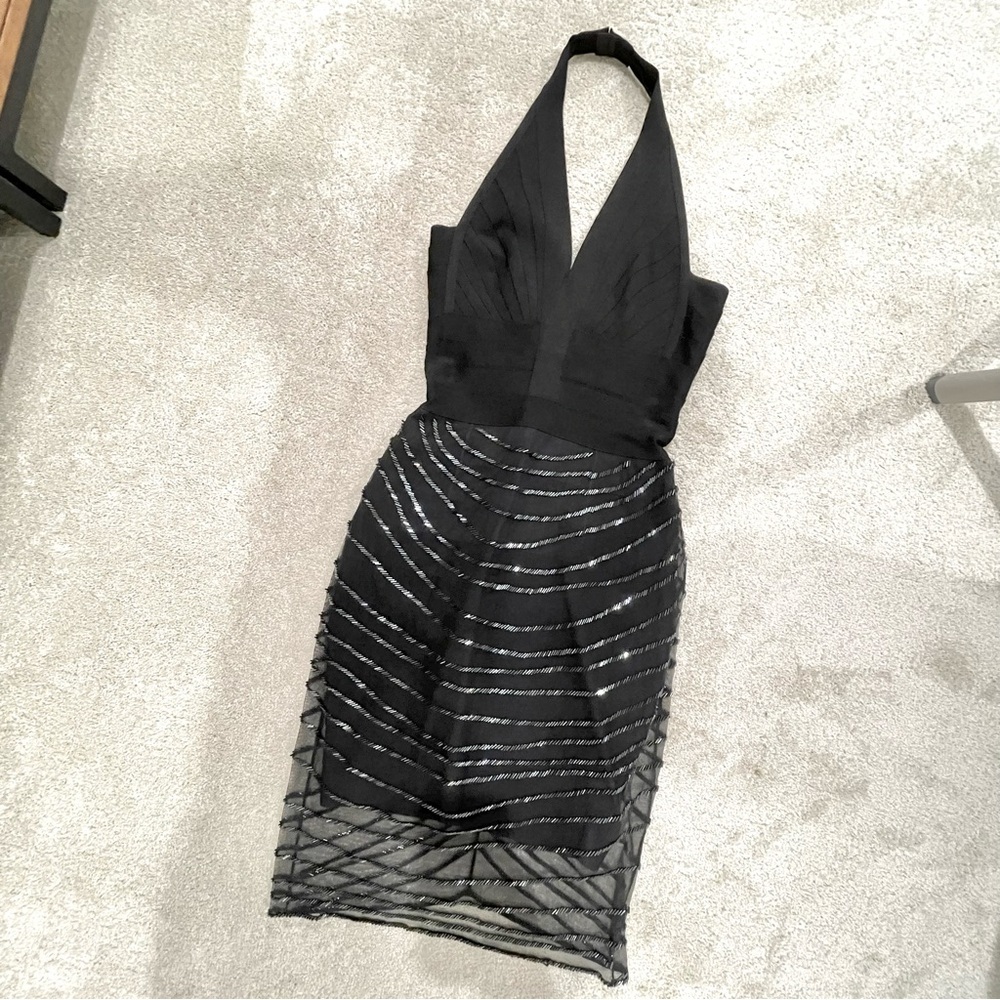 Blank HERVE LEGER COUTURE Bandage Halter Dress with Sequins, XS